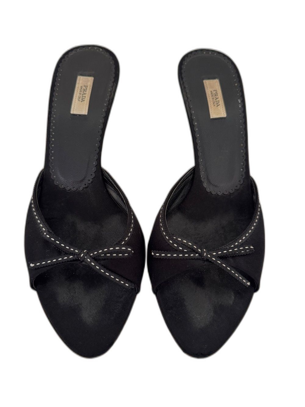 Prada Vintage Black & White Satin Bow Open Toe Kitten Heel Sandals Authentic Y2K